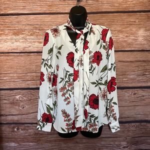 Blouse M Bar III Long Sleeve Floral V Neck Flowing Red Top Shirt Workwear